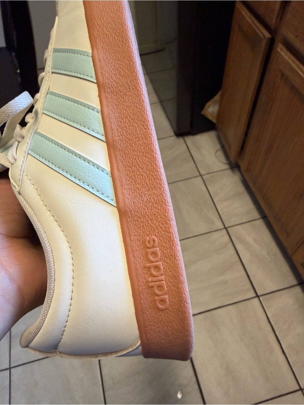 adidas White Sneakers with Mint Green Stripes and Gum Sole